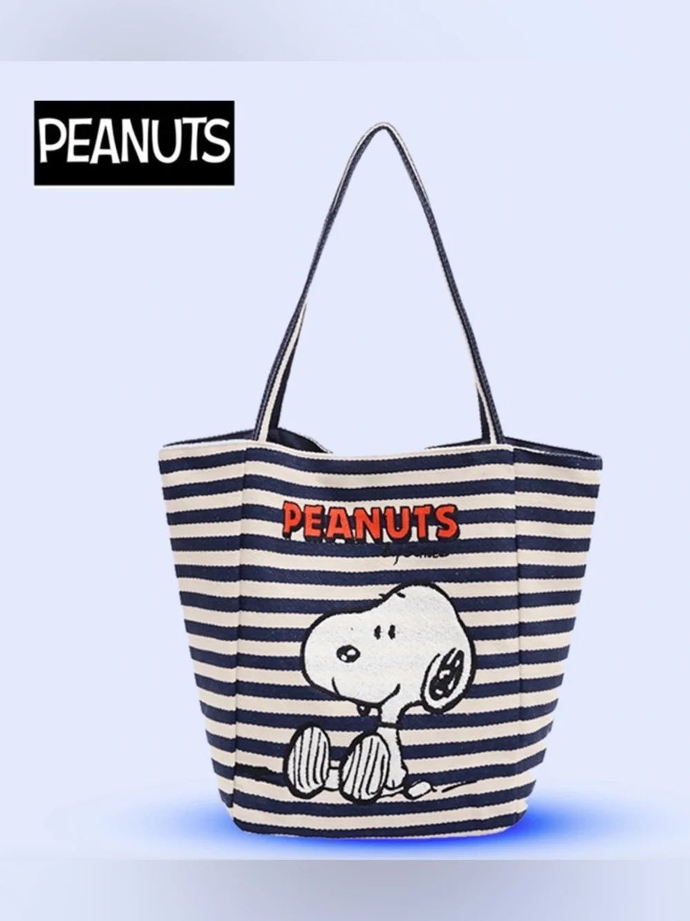 Peanuts Navy & White Striped Canvas Tote with Snoopy and Red Logo - Picture 1 of 10